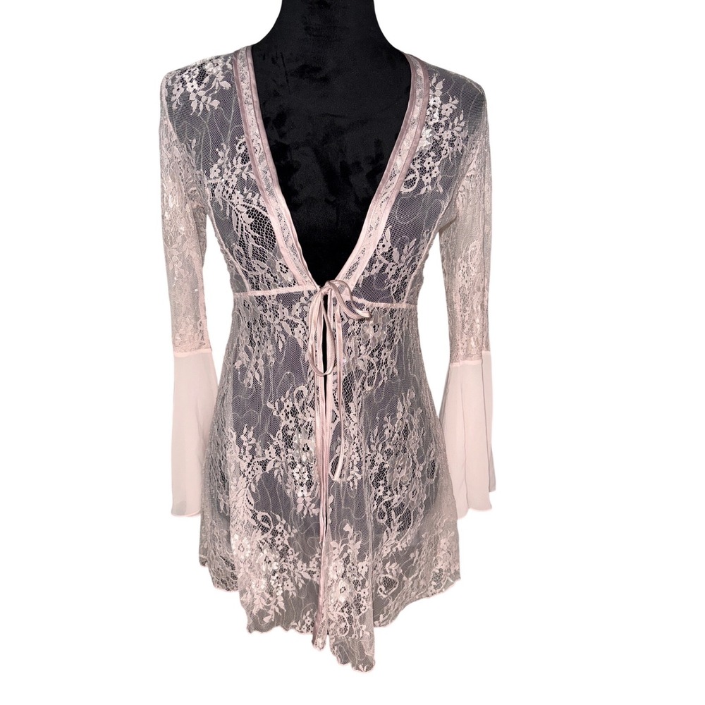 Imaj‎ Pink Floral Lace Sequin Bell Sleeve Tie Front Kimono Cardigan Ladies Small